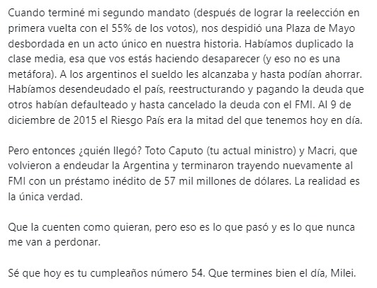 Cristina Kirchner volvió a la carga contra Milei: “Tomo las cosas como de quien vienen”.