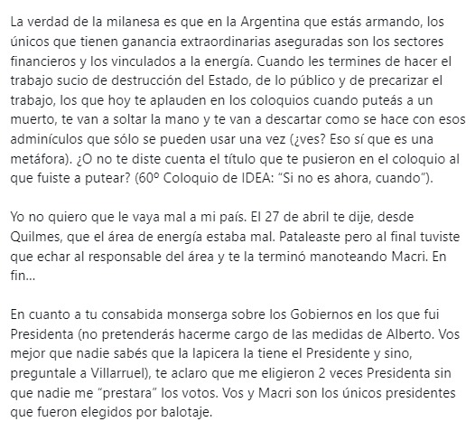 Cristina Kirchner volvió a la carga contra Milei: “Tomo las cosas como de quien vienen”.