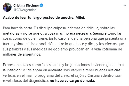 Cristina Kirchner volvió a la carga contra Milei: “Tomo las cosas como de quien vienen”.