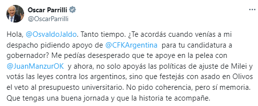 El tenso cruce entre Oscar Parrilli y Osvaldo Jaldo en redes sociales.