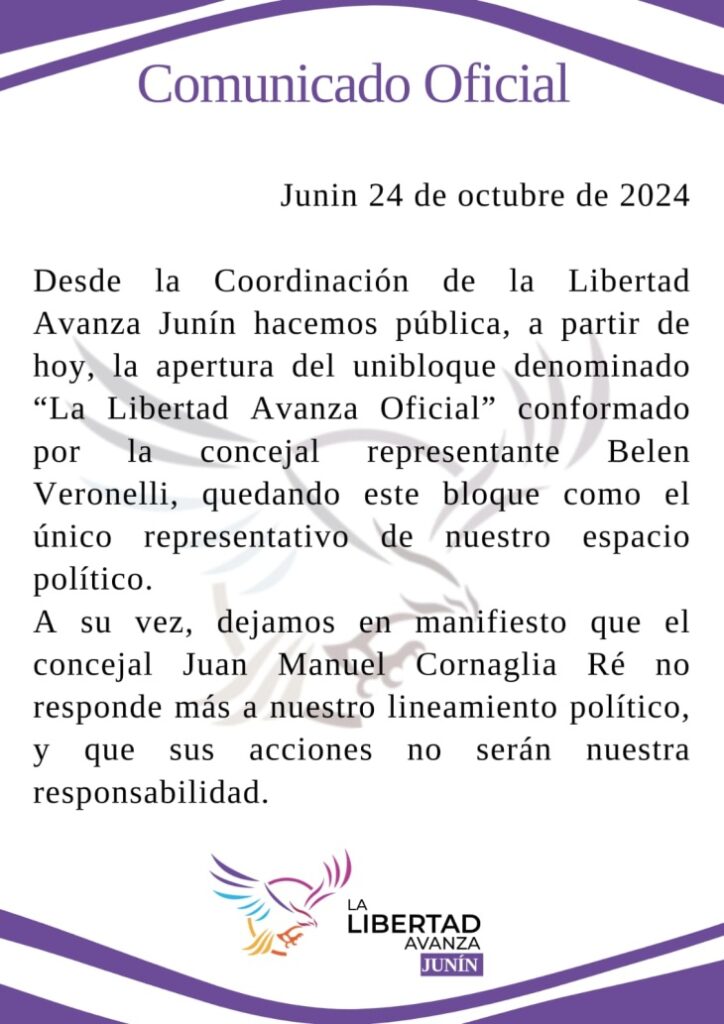 El comunicado de La Libertad Avanza Junín.