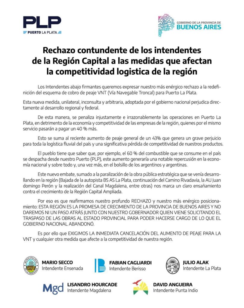 Los intendentes de la Región Capital bonaerense repudiaron el aumento del 40% que aplicó el Gobierno de Milei en el pasaje de la Vía Navegable Troncal.