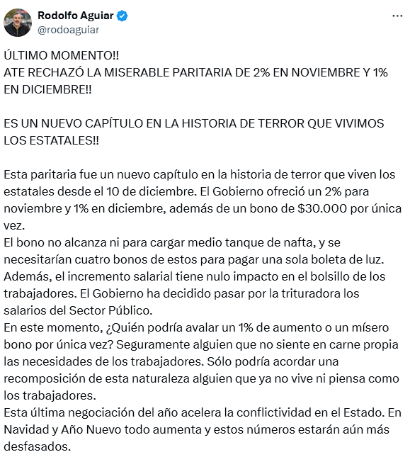 Tweet del secretario general de ATE, Rodolfo Aguiar, rechazando la oferta salarial. 