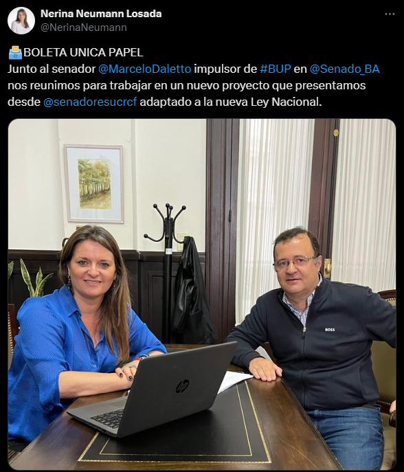 Los senadores del bloque UCR + Cambio Federal, Nerina Neumann y Marcelo Daletto, presentaron un proyecto para implementar la Boleta Única en la provincia.
