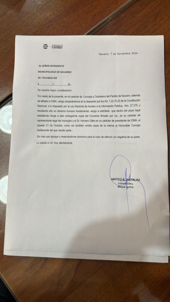 Convenio del IOMA: la presentación dirigida a Diz fue efectuada por el concejal radical de Navarro Mateo Natalini.