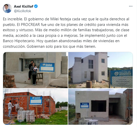 Kicillof apuntó al Gobierno de Milei por la eliminación del plan Procrear. 