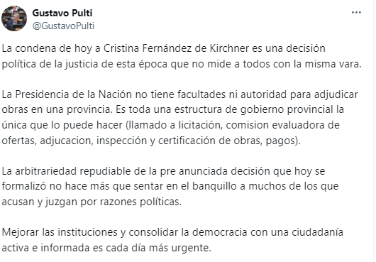 El diputado Gustavo Pulti calificó el fallo contra Cristina Kirchner como "una decisión política arbitraria".