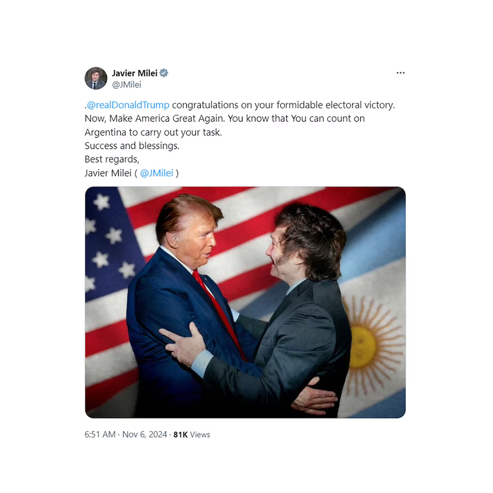 Las felicitaciones de Javier Milei a Donald Trump.