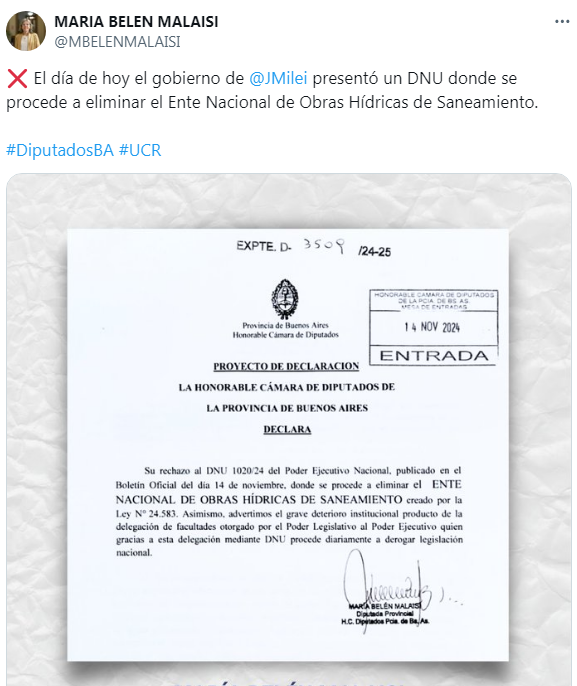 La diputada Belén Malaisi repudió la decisión del Ejecutivo nacional de cerrar el ente que garantiza el acceso al agua potable.