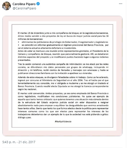 El comunicado de Carolina Píparo contra La Bancaria de 2017.