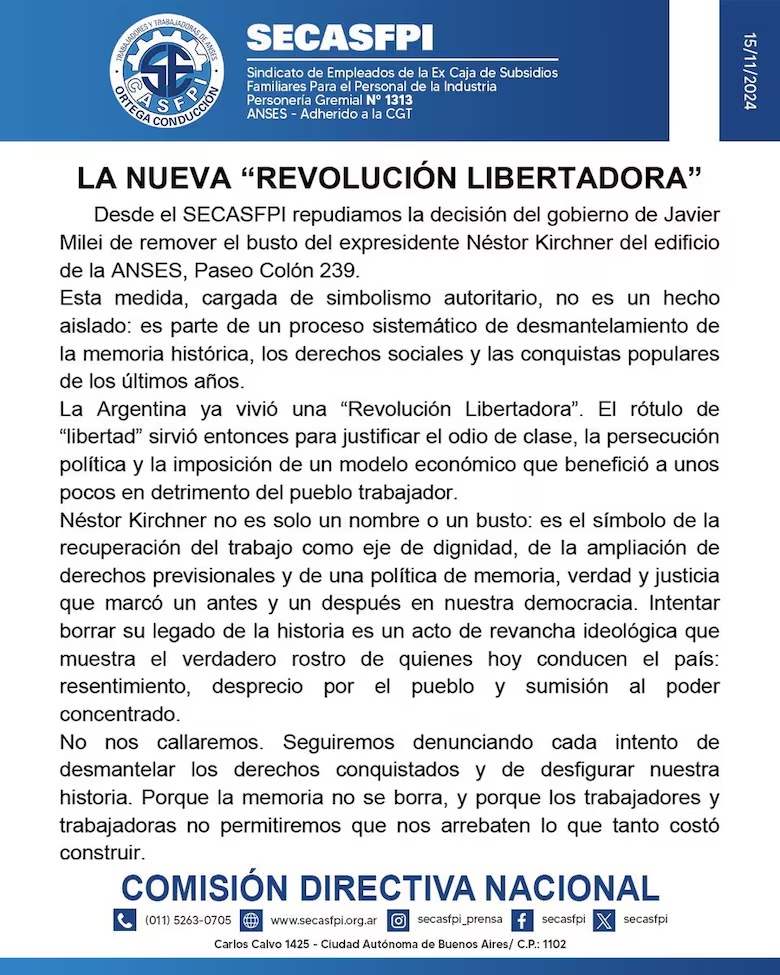 Por instrucción de la ministra de Capital Humano, Sandra Pettovello, retiraron el busto del ex presidente Néstor Kirchner del edificio de ANSES.
