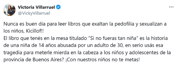 Victoria Villarruel volvió a cruzar a Axel Kicillof por los libros que fueron repartidos por la Dirección de Educación y Cultura.