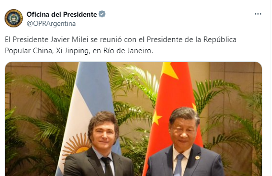 El posteo oficial de la Oficina del Presidente sobre el encuentro entre Milei y su par de China, Xi Jinping.