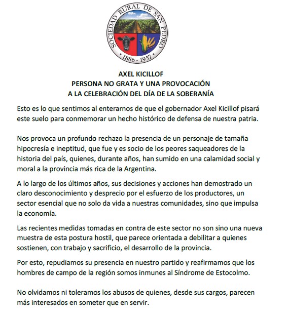 El comunicado de la Sociedad Rural de San Pedro en rechazo a la visita de Kicillof.