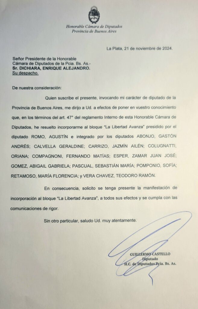 La misiva de Castello dirigida al titular de Diputados, Alejandro Dichiara, para solicitar el pase a las filas de LLA.