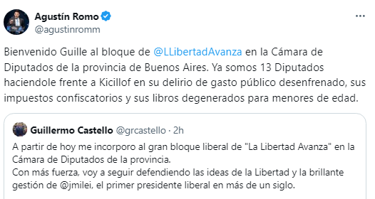 El saludo del presidente de bloque de LLA en Diputados, Agustín Romo, tras oficializarse el arribo de Castello.