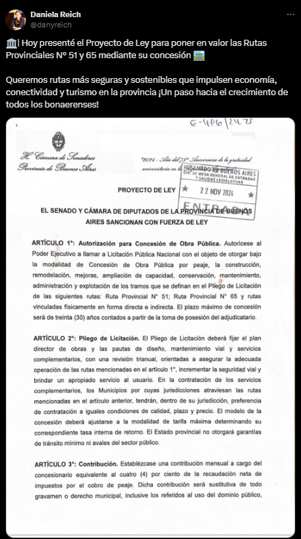 La senadora de La Libertad Avanza, Daniela Reich, pidió la puesta en valor de las rutas N° 51 y 65.