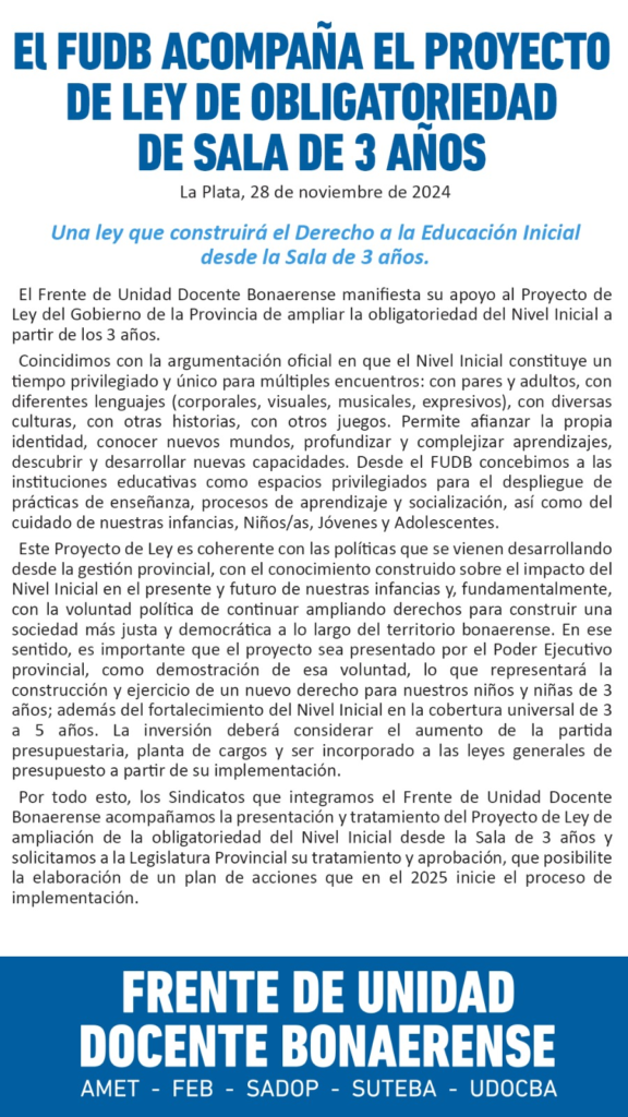 Docentes bonaerenses se mostraron a favor del proyecto de ley de Kicillof para que la sala de 3 sea obligatoria.