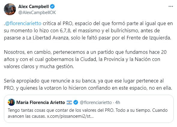 El tenso cruce entre Alex Campbell y Florencia Arietto. 