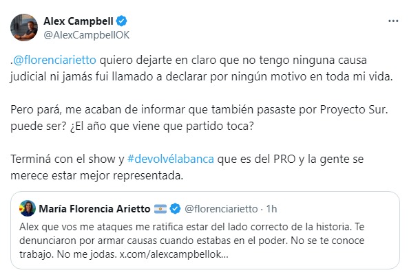 El tenso cruce entre los senadores del PRO y La Libertad Avanza, Alex Campbell y Florencia Arietto, por el pase de la platense a las filas libertarias.