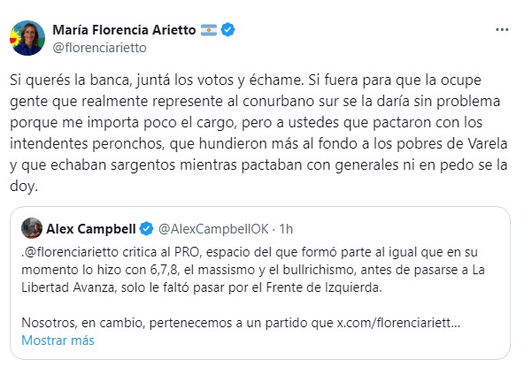 El tenso cruce entre los senadores del PRO y La Libertad Avanza, Alex Campbell y Florencia Arietto, por el pase de la platense a las filas libertarias.