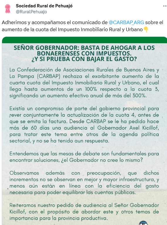 Sociedades rurales del interior se plegaron al reclamo de CARBAP a Axel Kicillof. 