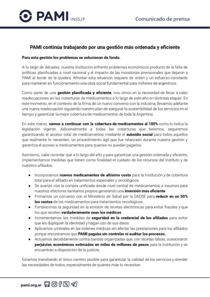 El polémico comunicado del PAMI que despertó el rechazo generalizado de todo el arco político. 