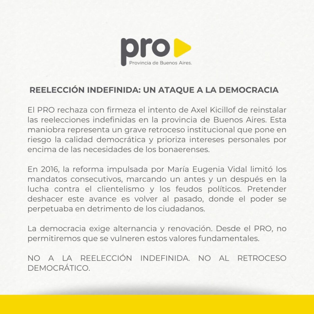 El comunicado del PRO bonaerense contra la modificación de la ley que limita las reelecciones indefinidas.