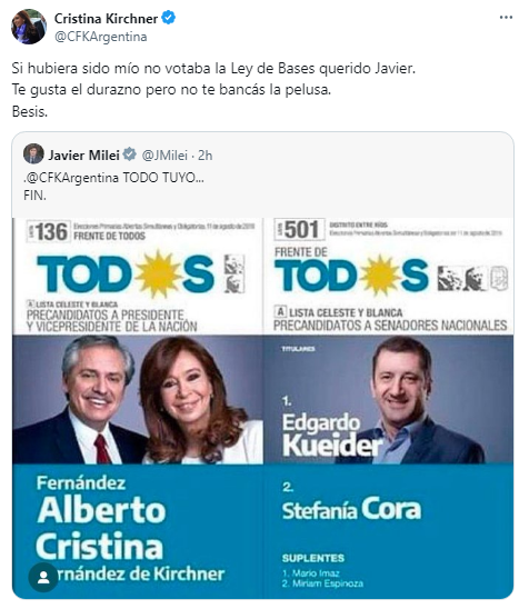 Cristina Kirchner le respondió a Milei: "Si era mío no votaba la Ley Bases".