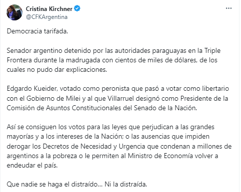 Cristina Kirchner se posicionó tras la detención del senador Kueider.