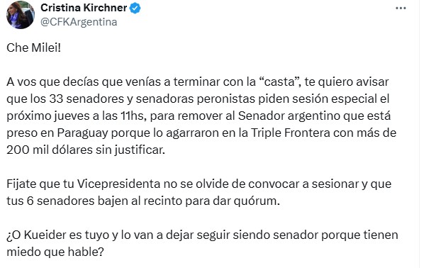 El mensaje de Cristina Kirchner a través de sus redes sociales dirigido a Milei.