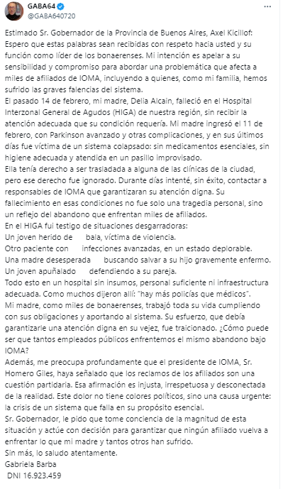 Gabriela asegura que IOMA dejó morir a su mamá en un hospital interzonal.