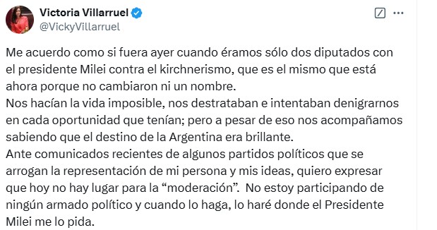 El comunicado de la vicepresidenta Victoria Villarruel en su red social X.