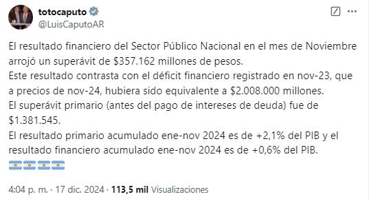 La celebración del ministro de Economía, Luis Caputo, tras el dato de superávit fiscal de noviembre.