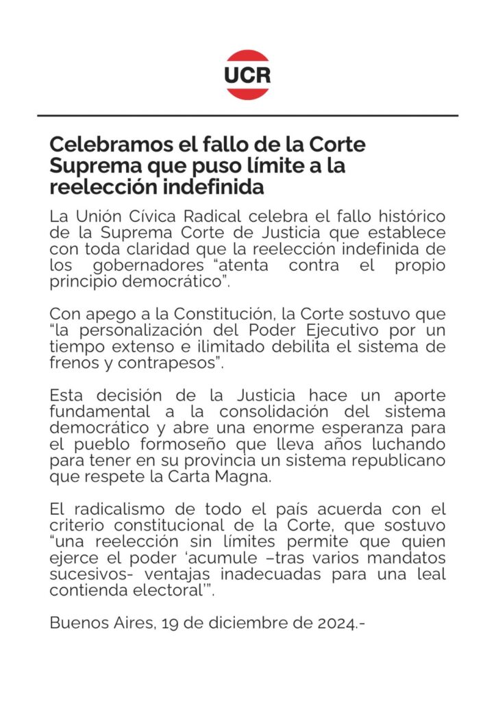 La UCR celebró el fallo de la Corte Suprema que le puso un freno a la reelección indefinida en Formosa.