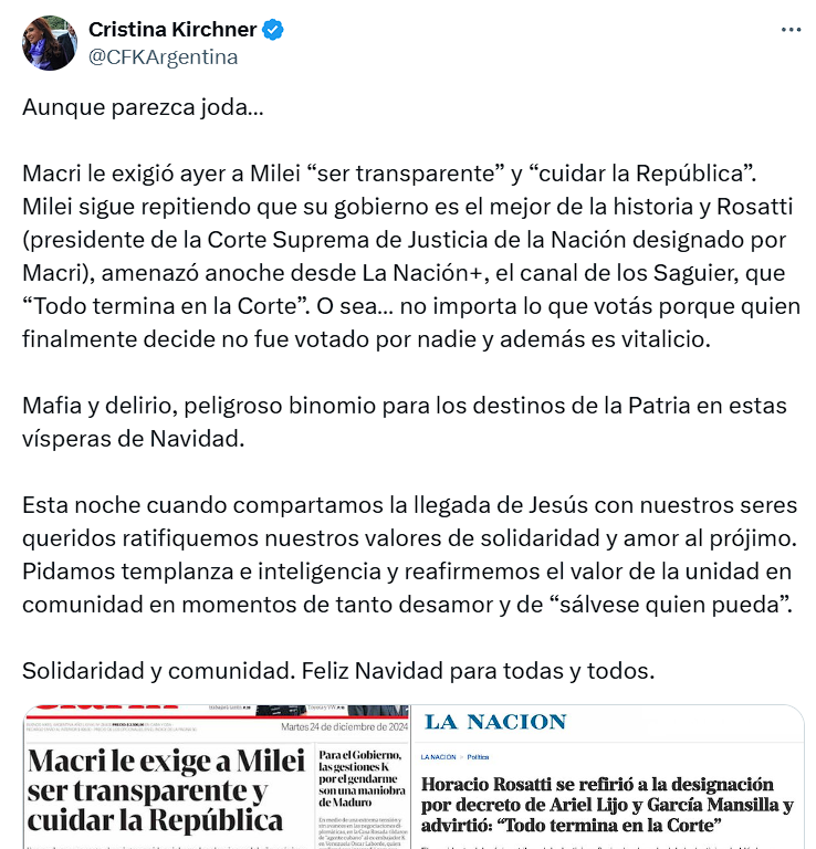 La expresidenta Cristina Kirchner tildó de binomio mafioso a Macri y Milei, en medio de la pulseada por la Corte Suprema. 