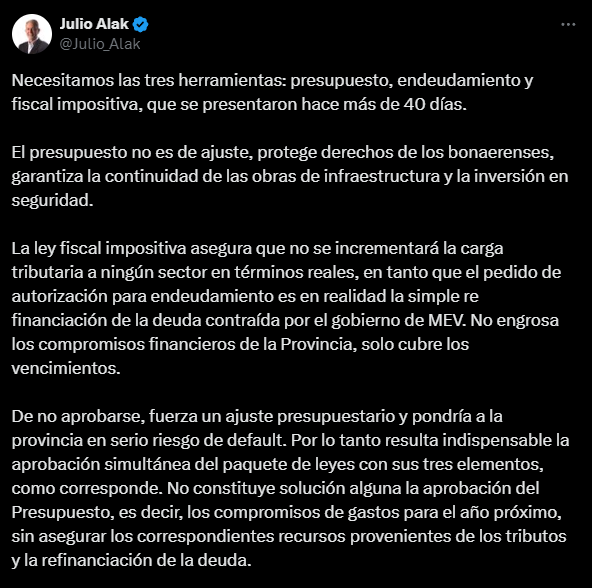 El mensaje de Julio Alak sobre el Presupuesto 2025 de Axel Kicillof.