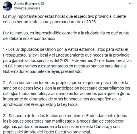 Alexis Guerrera se refirió a las negociaciones con la oposición, previo al tratamiento del Presupuesto 2025 y la Ley Impositiva.