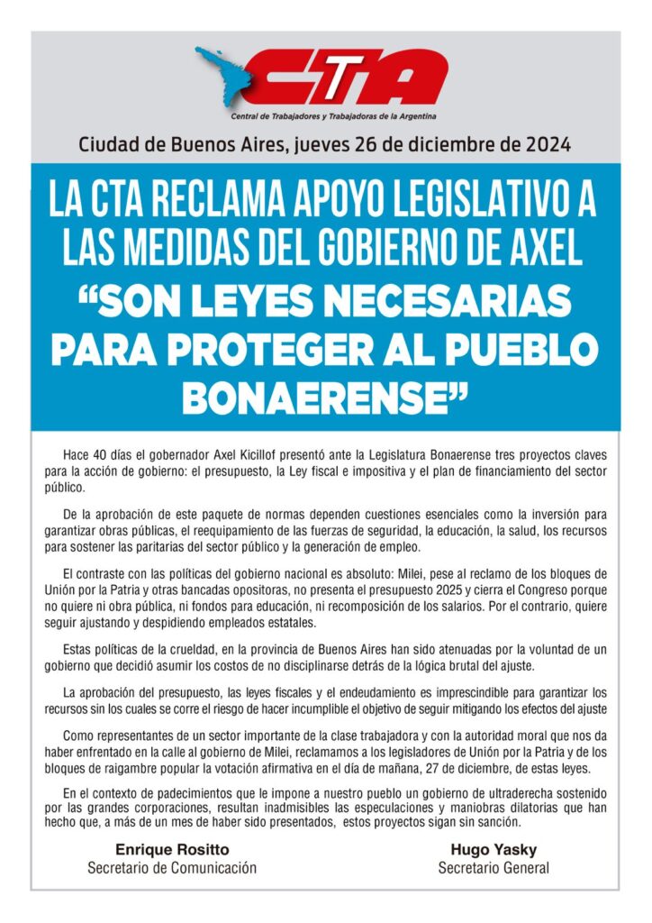 Presupuesto 2025: Axel Kicillof recibió el apoyo de la CTA bonaerense en la antesala de otra sesión extraordinaria para tratar el proyecto. 
