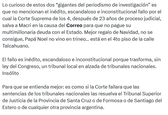 La carta que Cristina Kirchner subió a sus redes sociales, en el que cuestionó el reciente fallo de la Corte Suprema.