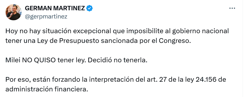 El titular de bloque de UxP en Diputados, Germán Martínez, cuestionó la prórroga del presupuesto.