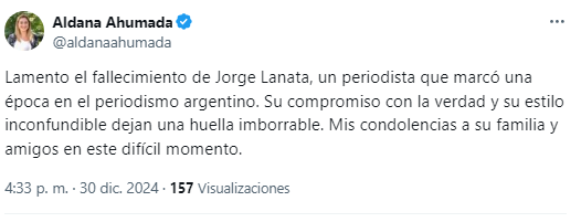 La senadora del PRO, Aldana Ahumada, valoró la "huella imborrable" en el periodismo de Lanata.