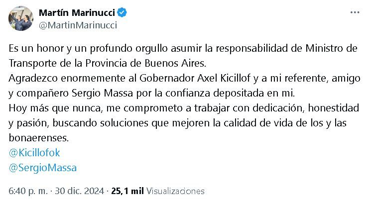 El actual ministro Marinucci confirmó su llega a la cartera provincial de Transporte a través de su cuenta de "X".