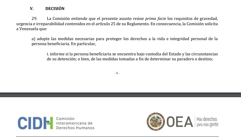 La resolución de la CIDH sobre el caso del gendarme Nahuel Gallo detenido en Venezuela.