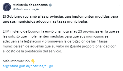 El comunicado del Ministerio de Economía advirtiendo a los intendentes del país por el cobro de las tasas municipales.