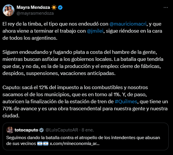 El mensaje de Mayra Mendoza contra Luis Caputo.