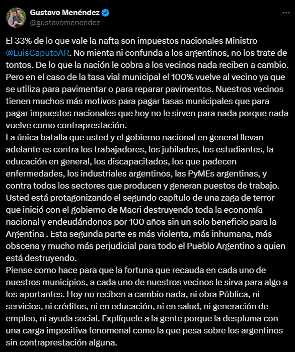 Intendentes bonaerenses del peronismo salieron a cruzar al ministro Luis Caputo luego de que este les exija bajar las tasas municipales.