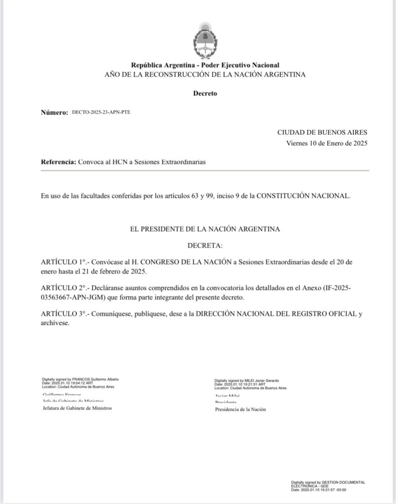 El decreto del Ejecutivo nacional que oficializó el llamado a sesiones extraordinarias.