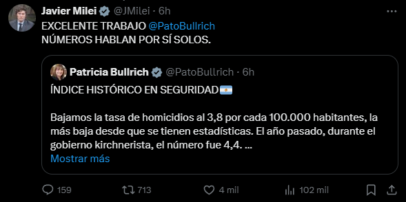 La ministra de Seguridad, Patricia Bullrich, celebró en las últimas horas que hubo una baja en la tasa de homicidios en Argentina.