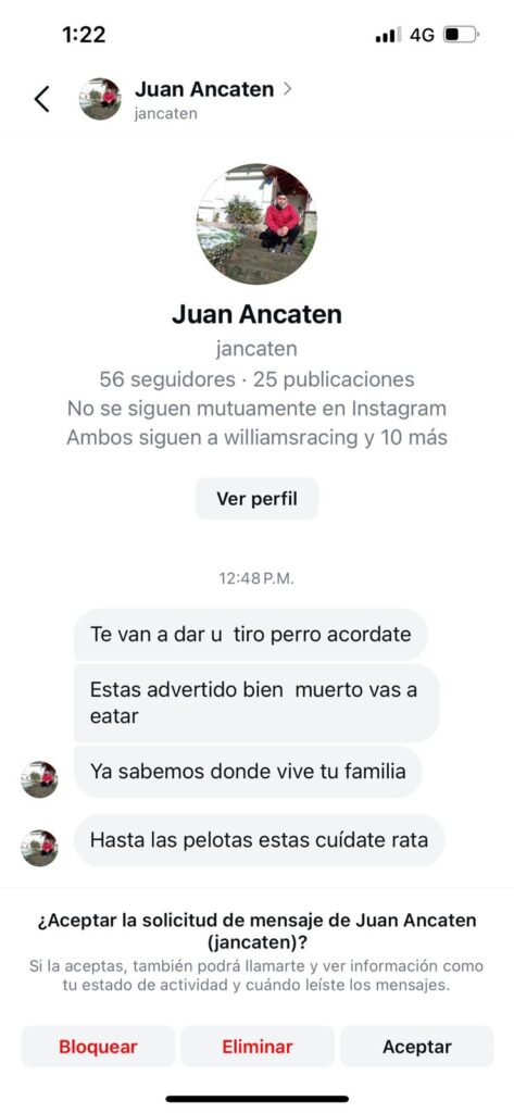 Montenegro publicó las amenazas de muerte que recibió a través de las redes sociales y admitió que “no tiene miedo”. 